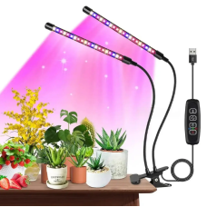 Настільна ультрафіолетова LED фітолампа на прищіпці, дві гнучкі трубки повного спектру свічення, 20 Вт.